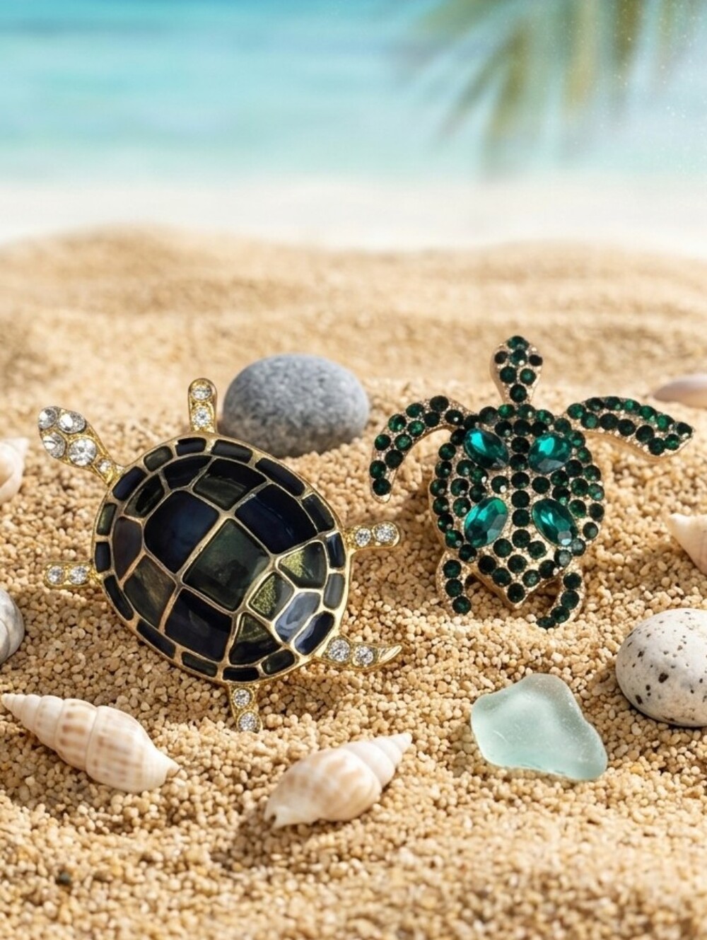 2 Gold Tone Turtle Rhinestone Enamel Brooches